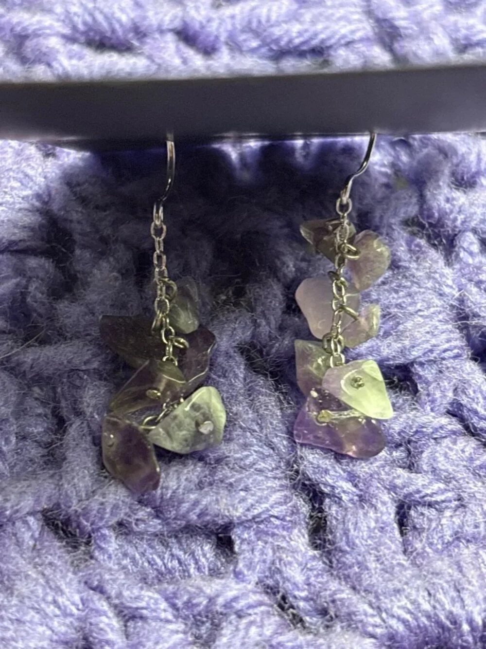 Amethyst Stone Chip Beaded Silvertone Chain Dangle Earrings 1.25 inches